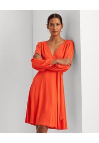 Lauren Ralph Lauren - LAUREN BY RALPH LAUREN - Pomarańczowa sukienka z wiązaniem. Kolor: pomarańczowy. Materiał: tkanina. Długość rękawa: długi rękaw. Typ sukienki: rozkloszowane, kopertowe. Długość: mini