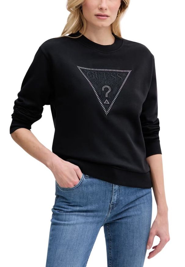 Guess - GUESS Czarna bluza damska z cyrkoniami Triangle Lace, Rozmiar XS. Okazja: na co dzień. Kolor: czarny. Materiał: jeans, dresówka. Wzór: aplikacja. Styl: elegancki, casual, klasyczny