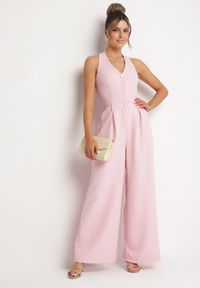 Born2be - Różowy Kombinezon Taliowany Ozdobiony Guzikami Niladwenna. Kolor: różowy. Wzór: aplikacja. Styl: elegancki #3
