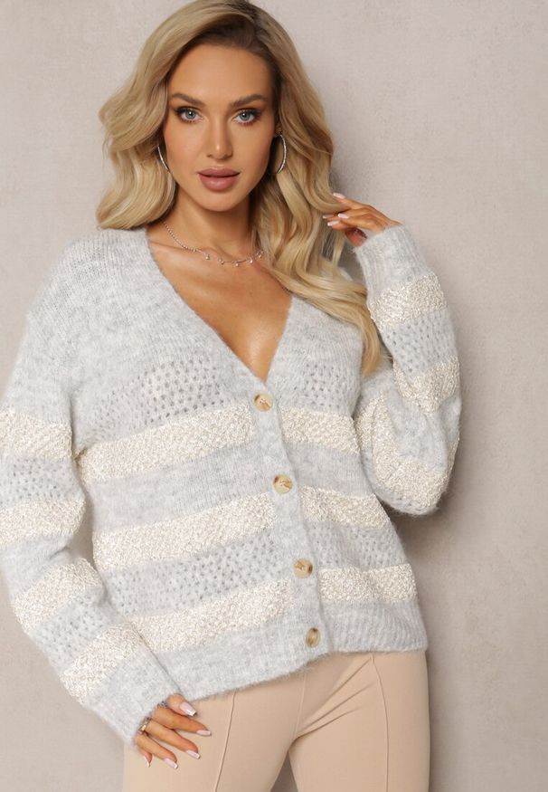 Renee - Szary Rozpinany Kardigan z Domieszką Wełny i Cekinami Bleria. Kolor: szary. Materiał: wełna. Styl: elegancki