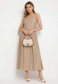 Born2be - Ciemnobeżowa Wiskozowa Sukienka o Rozkloszowanym Kroju Milareina. Okazja: na co dzień. Kolor: beżowy. Materiał: wiskoza. Długość rękawa: długi rękaw. Wzór: aplikacja. Typ sukienki: rozkloszowane. Styl: casual, elegancki #4