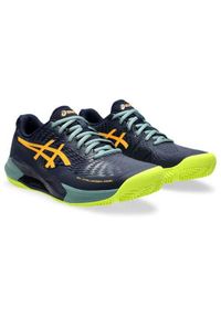 Buty do tenisa męskie Asics Gel-challenger 14. Zapięcie: sznurówki. Kolor: pomarańczowy, niebieski, wielokolorowy. Materiał: materiał, tkanina, syntetyk. Szerokość cholewki: normalna. Sport: tenis