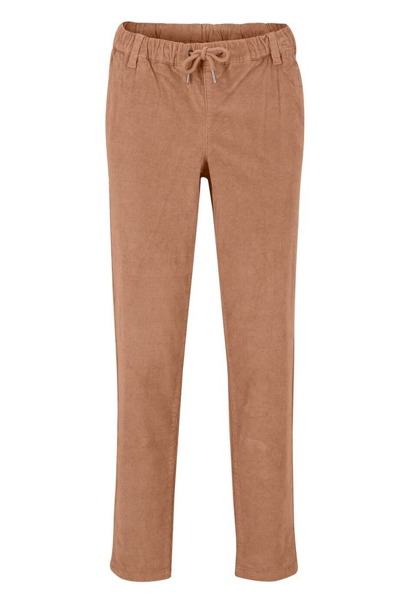 Spodnie sztruksowe z wiązanym troczkiem bonprix brązowy mokka. Kolor: brązowy. Materiał: sztruks