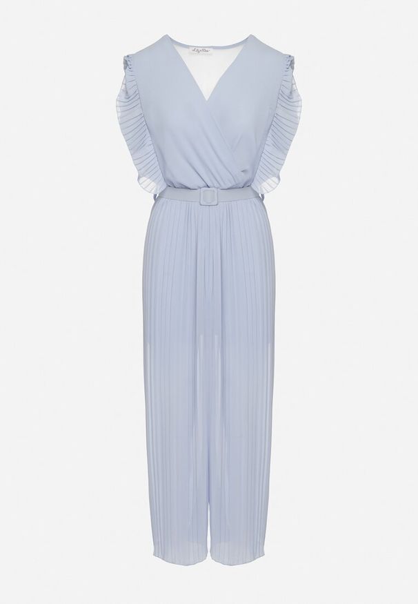 Born2be - Jasnoniebieski Plisowany Kombinezon z Szerokimi Nogawkami i Wiązanym Paskiem Audra. Okazja: na co dzień. Kolor: niebieski. Sezon: wiosna, lato. Styl: elegancki, casual