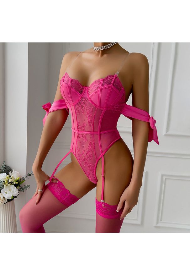 Intica - Body koronkowe z kokardkami na specjalne okazje Viktoriya. Kolor: fioletowy. Materiał: koronka. Długość: długie. Wzór: koronka, paski