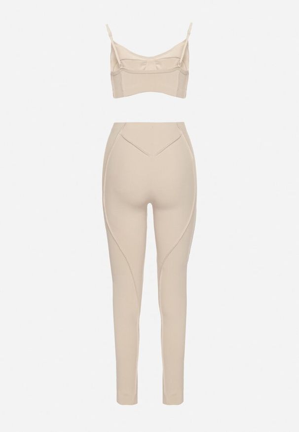 Born2be - Beżowy Komplet Sportowy z Ozdobnymi Przeszyciami Legginsy i Top na Ramiączkach Filinella. Kolor: beżowy. Materiał: skóra