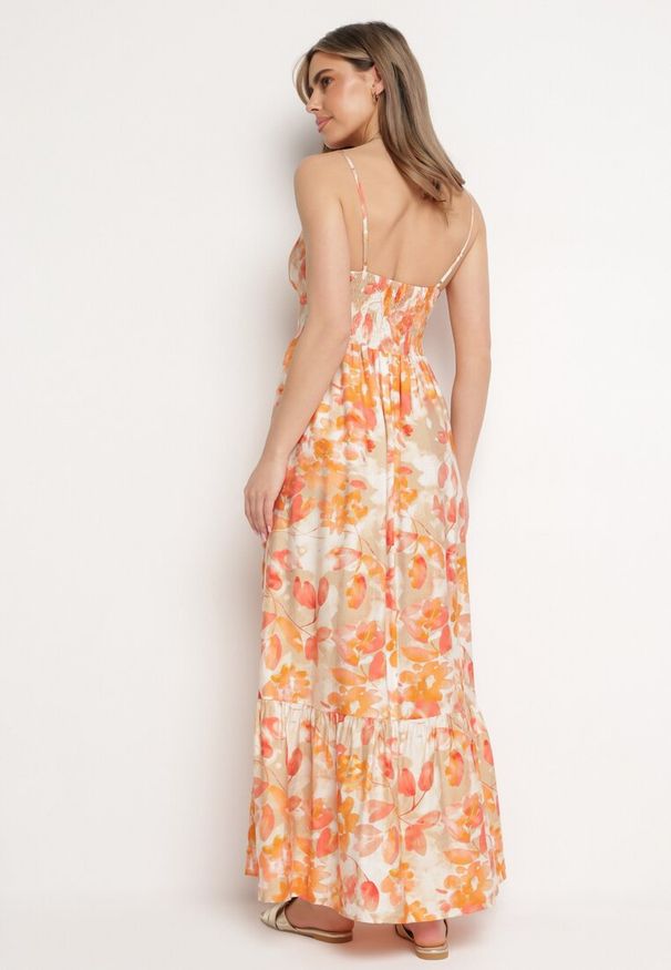 Born2be - Pomarańczowa Sukienka z Wiskozy i Bawełny Rozkloszowana w Kwiatowy Print z Ozdobnym Wiązaniem Wiama. Okazja: na co dzień. Kolor: pomarańczowy. Materiał: wiskoza, bawełna. Wzór: nadruk, kwiaty. Typ sukienki: rozkloszowane. Styl: casual, elegancki