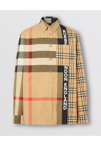 Burberry - BURBERRY - Beżowa koszula z motywem patchwork. Kolor: brązowy. Materiał: jeans, materiał. Długość rękawa: długi rękaw. Długość: długie. Wzór: aplikacja, kratka. Styl: klasyczny, elegancki #7