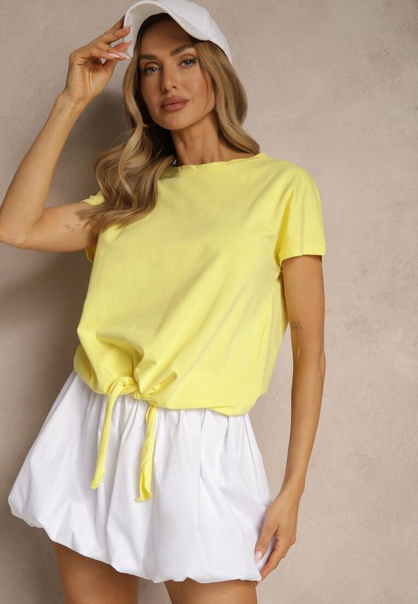 Renee - Żółty Bawełniany T-shirt Wiązany u Dołu Sunalina. Okazja: na co dzień. Kolor: żółty. Materiał: bawełna. Styl: casual