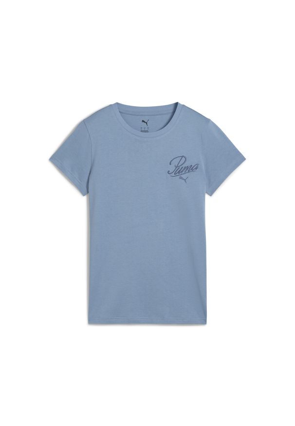 Puma - Damska koszulka ESS SCRIPT PUMA Cool Blue. Kolor: niebieski. Wzór: haft. Sport: fitness