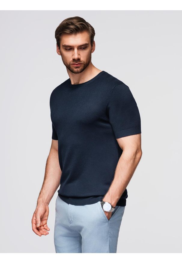 Ombre Clothing - Męska klasyczna dzianinowa koszulka ze ściągaczami– granatowa V1 - Rozmiar: L. Kolor: czarny. Materiał: dzianina. Wzór: gładki, ze splotem. Styl: klasyczny