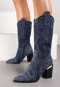 Born2be - Granatowe Botki Kowbojki na Obcasie z Haftem Laora. Kolor: niebieski. Materiał: jeans. Wzór: haft. Obcas: na obcasie. Styl: klasyczny, elegancki, boho. Wysokość obcasa: średni