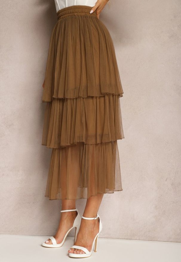 Renee - Brązowa Tiulowa Spódnica Rozkloszowana z Plisowaniem High Waist Eveleena. Stan: podwyższony. Kolor: brązowy. Materiał: tiul. Styl: wizytowy