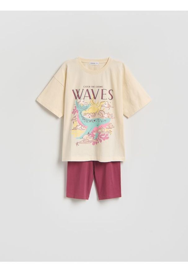 Reserved - Bawełniany komplet z nadrukiem - beżowy. Kolor: beżowy. Materiał: bawełna. Wzór: nadruk