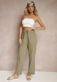 Renee - Ciemnozielone Spodnie z Bawełny High Waist z Wiązaniem Tyswia. Okazja: na co dzień. Stan: podwyższony. Kolor: zielony. Materiał: bawełna. Styl: casual, elegancki