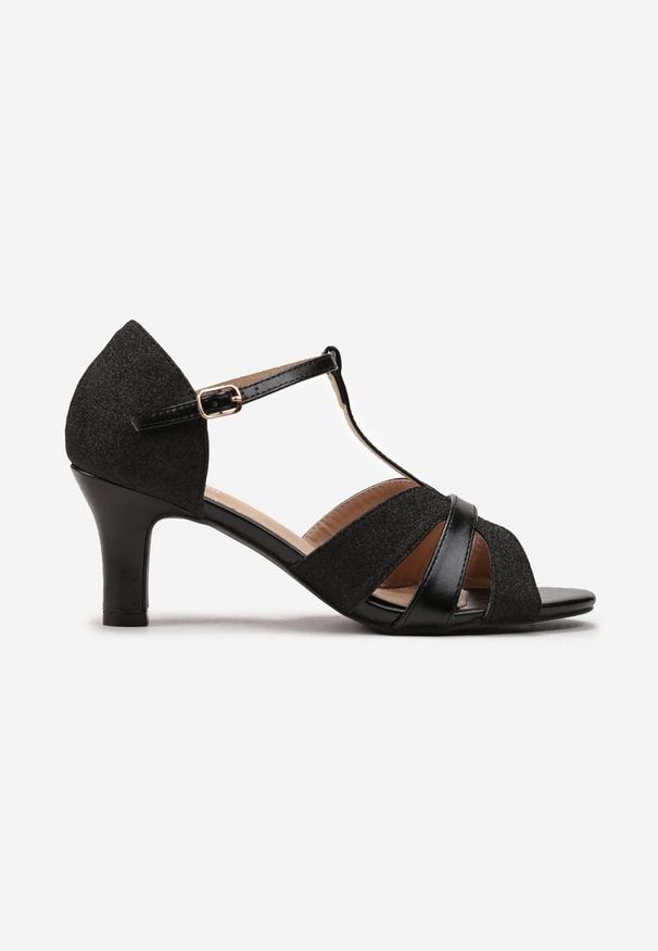 Renee - Czarne Eleganckie Sandały na Słupku Ozdobione Brokatem Orelise. Okazja: na imprezę. Kolor: czarny. Wzór: aplikacja. Obcas: na słupku. Styl: elegancki