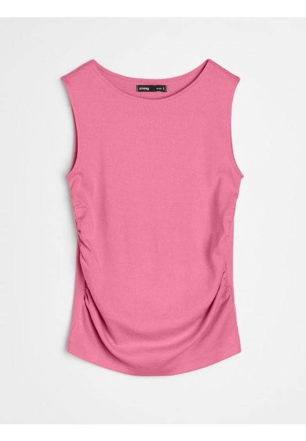 Sinsay - Bawełniana bluzka bez rękawów z ozdobnymi marszczeniami - różowy. Kolor: różowy. Materiał: bawełna. Długość rękawa: bez rękawów