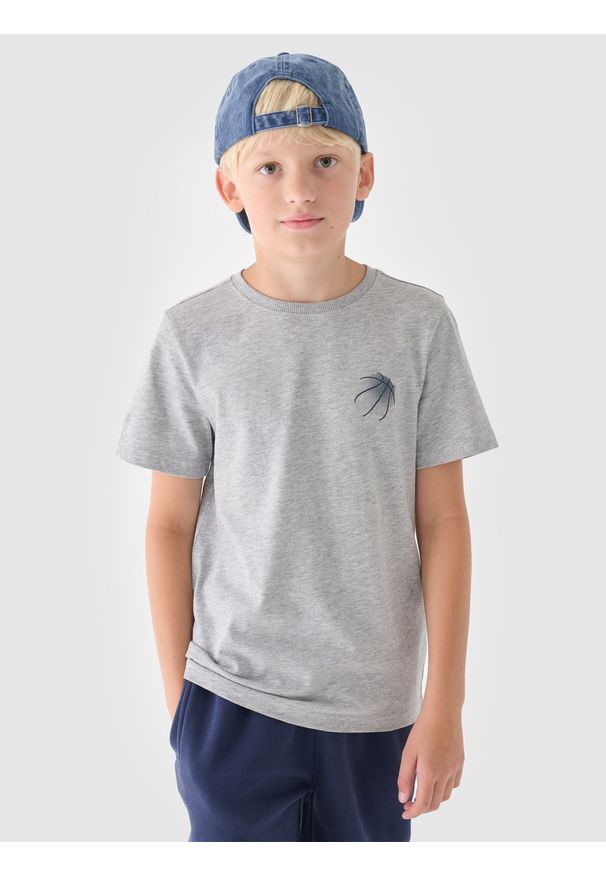 4f - 4F T-shirt z nadrukiem chłopięcy - szary 128 (7-8 lat). Okazja: na co dzień. Kolor: szary. Materiał: bawełna, jersey, dzianina. Długość rękawa: krótki rękaw. Długość: krótkie. Wzór: nadruk. Sezon: lato. Styl: sportowy, klasyczny, casual