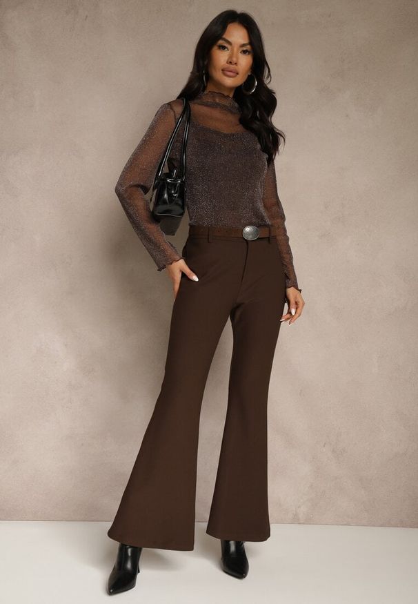 Renee - Brązowe Wiskozowe Spodnie Dzwony z Bawełną High Waist z Paskiem Lidassa. Okazja: na co dzień. Stan: podwyższony. Kolor: brązowy. Materiał: bawełna, wiskoza. Styl: casual, retro, glamour, elegancki