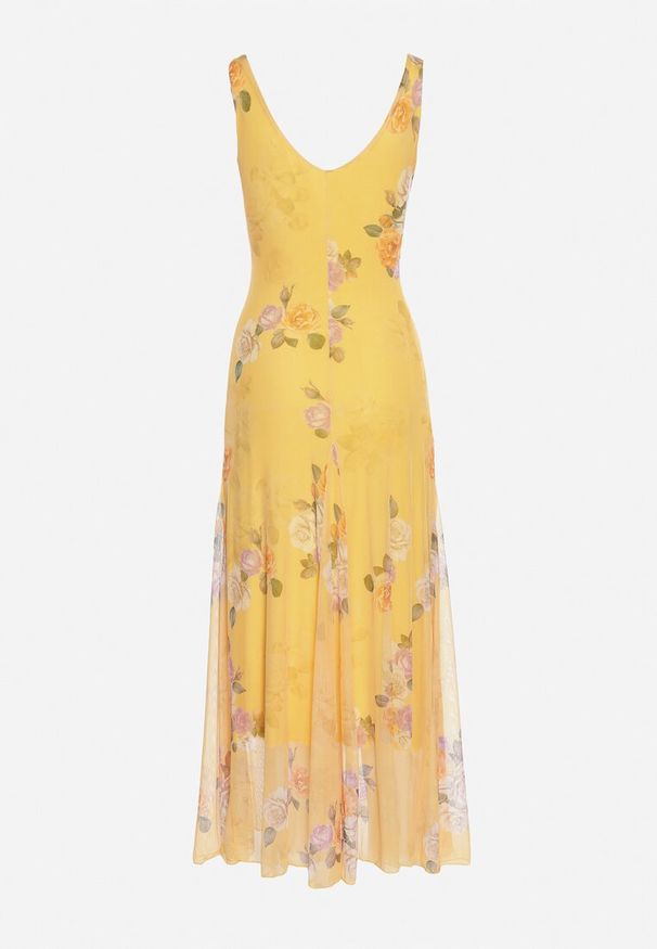 Born2be - Żółta Siateczkowa Sukienka z Kwiatowym Motywem Milanessa. Okazja: na co dzień. Kolor: żółty. Materiał: jeans. Wzór: kwiaty. Typ sukienki: proste. Styl: casual, elegancki