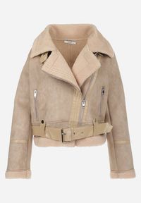 Born2be - Beżowa Kurtka Biker z Imitacji Zamszu i Kożuszka Ves. Kolor: beżowy. Materiał: zamsz #2