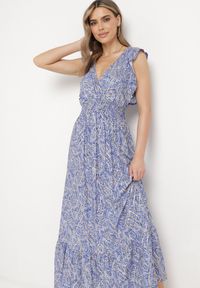 Born2be - Niebieska Bawełniana Sukienka z Metalicznym Nadrukiem z Gumkami w Pasie z Kopertowym Dekoltem Folia. Okazja: na spacer, na co dzień. Typ kołnierza: dekolt kopertowy, kołnierz z falbankami. Kolor: niebieski. Materiał: bawełna. Wzór: nadruk. Typ sukienki: kopertowe. Styl: casual, klasyczny #3
