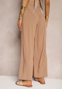 Renee - Beżowe Bawełniane Spodnie Kuloty High Waist z Gumką w Pasie Vimarielle. Okazja: na spotkanie biznesowe, do pracy. Stan: podwyższony. Kolor: beżowy. Materiał: bawełna. Styl: biznesowy, elegancki #3