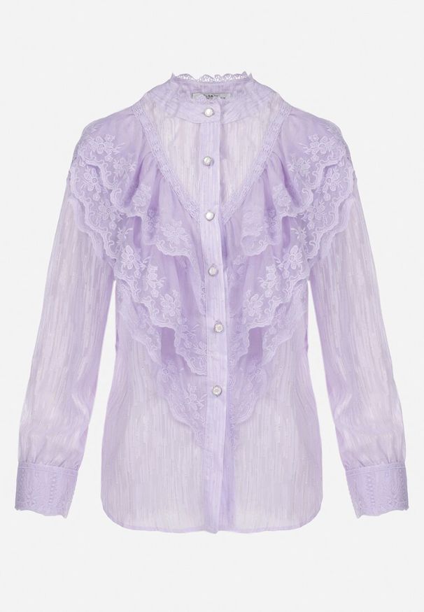 Born2be - Fioletowa Koszula z Metaliczną Nitką i Falbanką Ruweyda. Typ kołnierza: kołnierz z falbankami. Kolor: fioletowy. Materiał: tkanina. Długość rękawa: długi rękaw. Długość: długie. Wzór: haft. Styl: elegancki
