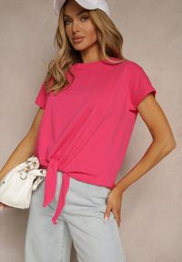 Renee - Różowy Bawełniany T-shirt Wiązany u Dołu Sunalina. Okazja: na co dzień. Kolor: różowy. Materiał: bawełna. Styl: casual #5