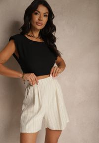 Renee - Beżowe Szorty z Lnem i Wiskozą High Waist w Paski Kolirelle. Okazja: na co dzień, na spacer. Stan: podwyższony. Kolor: beżowy. Materiał: len, wiskoza. Wzór: paski. Styl: casual