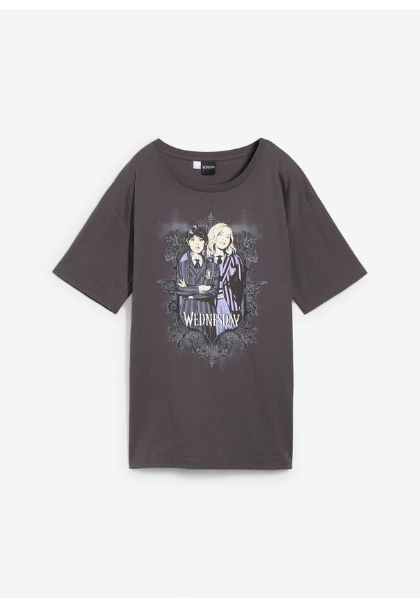 bonprix - T-shirt z motywem Wednesday z czystej bawełny. Kolor: szary. Materiał: bawełna. Wzór: nadruk