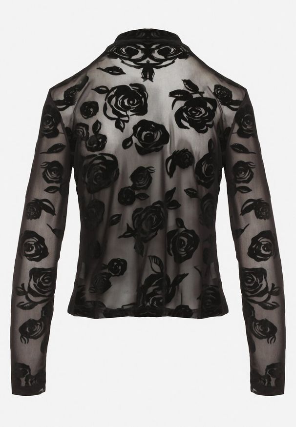 Born2be - Czarna Bluzka z Bawełną z Welurowym Nadrukiem w Kwiaty Ilanthra. Okazja: na co dzień. Kolor: czarny. Materiał: welur, bawełna. Długość rękawa: długi rękaw. Długość: długie. Wzór: kwiaty, nadruk. Styl: casual, elegancki