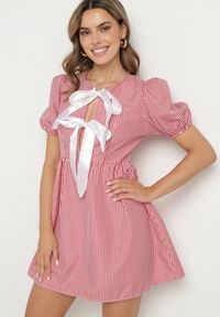 Born2be - Czerwona Rozkloszowana Sukienka w Kratkę Vichy w Stylu Retro z Wiązaniem Telionea. Okazja: na co dzień. Kolor: czerwony. Wzór: kratka. Typ sukienki: rozkloszowane. Styl: retro #1