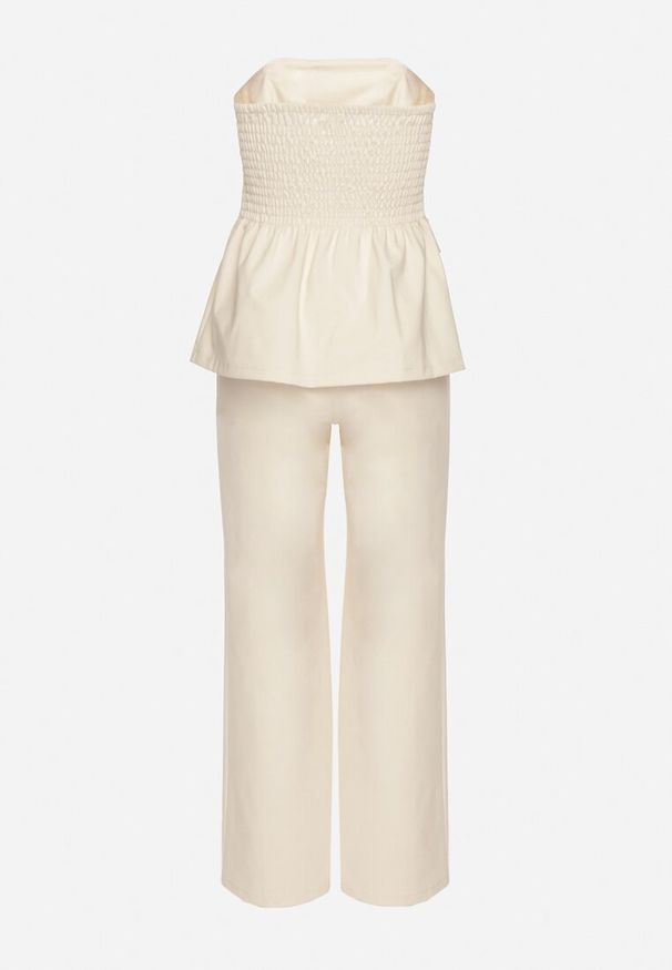 Born2be - Beżowy Komplet Top z Baskinką i Ozdobnymi Guzikami i Szerokie Spodnie Palesia. Kolor: beżowy