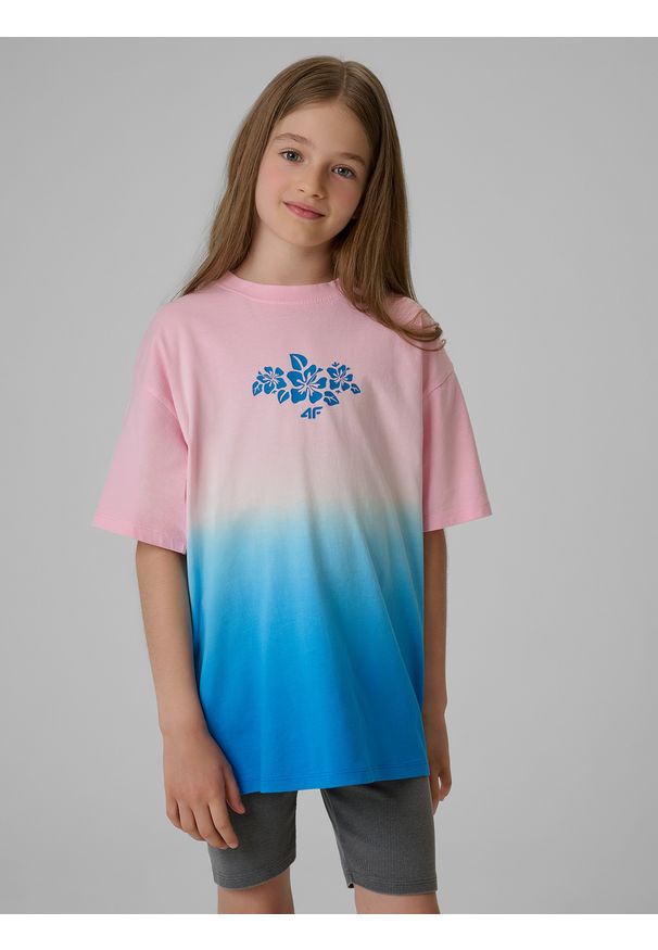 4f - 4F T-shirt loose z nadrukiem dziewczęcy - multikolor 146/152 (10-12 lat). Okazja: na co dzień, na plażę. Kolor: wielokolorowy. Materiał: materiał, bawełna, dresówka. Wzór: nadruk. Sezon: lato. Styl: sportowy, retro, wakacyjny, casual