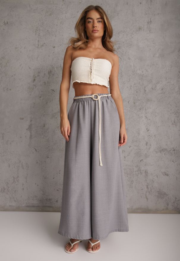 Renee - Szare Wiskozowe Spodnie Typu Palazzo High Waist Ozdobione Paskiem Sznurkiem Alemea. Okazja: na co dzień. Stan: podwyższony. Kolor: szary. Materiał: wiskoza. Długość: krótkie. Wzór: aplikacja. Styl: boho, casual
