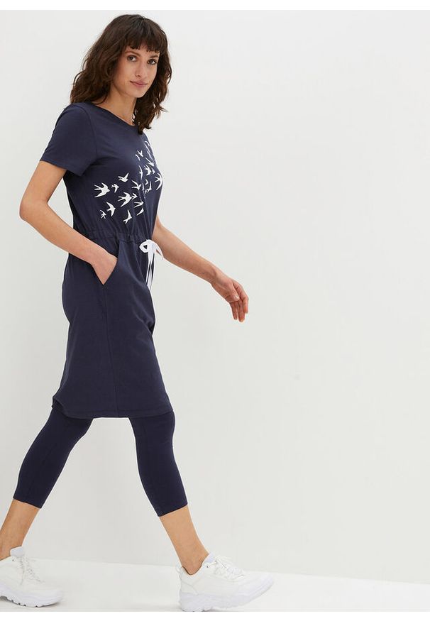 bonprix - Sukienka shirtowa z legginsami (kompl. 2-częściowy). Kolor: niebieski. Długość rękawa: krótki rękaw. Długość: krótkie. Wzór: nadruk