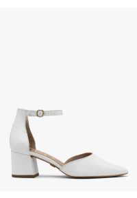 Ryłko - Białe czółenka damskie z paskiem wokół kostki. Zapięcie: pasek. Kolor: biały. Materiał: skóra. Obcas: na słupku. Styl: street #1