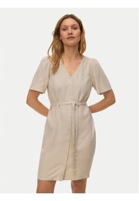 Vero Moda Sukienka letnia Mymilo 10340466 Beżowy Regular Fit. Kolor: beżowy. Materiał: len, wiskoza. Sezon: lato #1