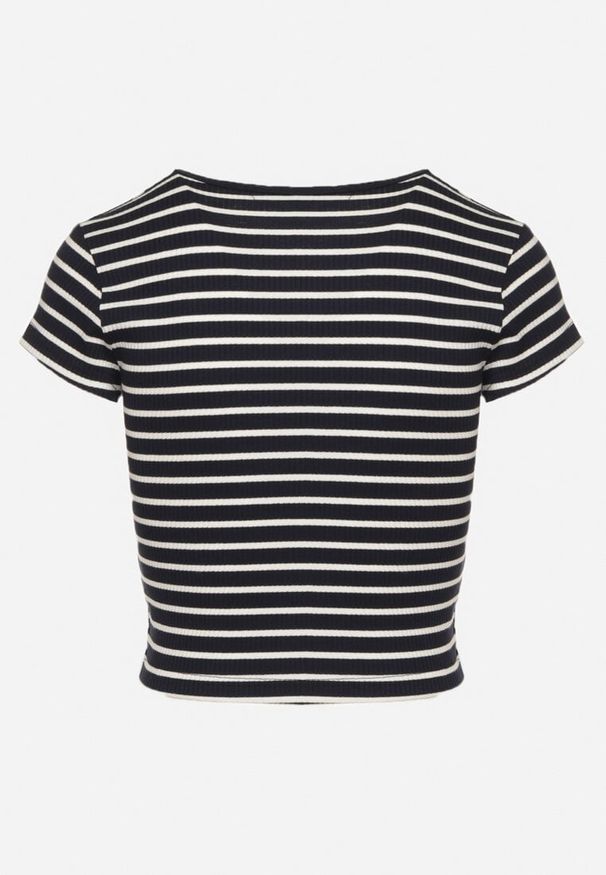 Born2be - Granatowo-Biały Bawełniany T-shirt Prążkowany o Krótkim Kroju Quedara. Okazja: na co dzień. Kolor: niebieski. Materiał: bawełna, prążkowany. Długość: krótkie. Styl: casual, klasyczny