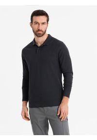Ombre Clothing - Longsleeve męski z kołnierzykiem polo BASIC – czarny V2 - Rozmiar: XXL. Okazja: do pracy, na co dzień. Typ kołnierza: polo. Kolor: czarny. Materiał: bawełna, dzianina. Długość rękawa: długi rękaw. Wzór: ze splotem. Styl: casual, elegancki #8