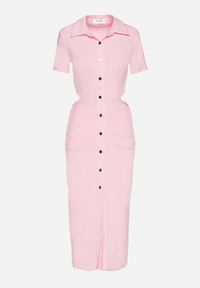 Born2be - Różowa Sukienka Koszulowa z Wycięciami w Talii i i Marszczeniami Zapinana na Guziki Quvlea. Okazja: na co dzień. Kolor: różowy. Materiał: wiskoza, jeans. Typ sukienki: koszulowe. Styl: casual #2