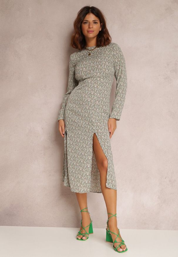 Renee - Miętowa Sukienka Lamilirea. Kolor: miętowy. Długość rękawa: długi rękaw. Styl: elegancki. Długość: midi