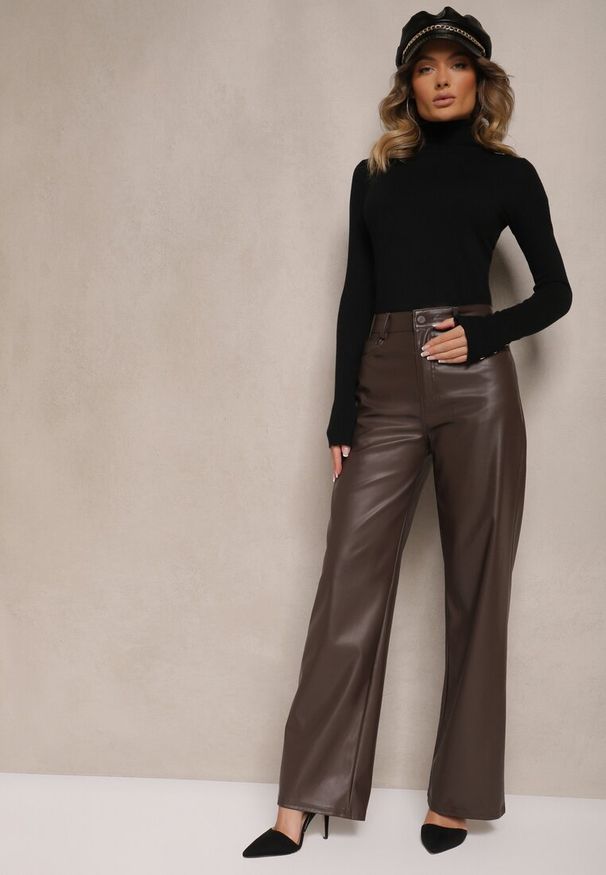 Renee - Brązowe Spodnie z Ekoskóry o Prostym Kroju High Waist Arivra. Okazja: na co dzień. Stan: podwyższony. Kolor: brązowy. Styl: elegancki, casual
