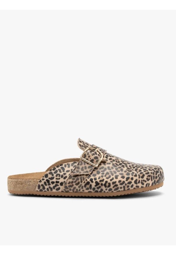 Ryłko - Mule damskie w panterkę. Okazja: na spacer, na co dzień, do pracy. Kolor: beżowy. Materiał: skóra. Wzór: motyw zwierzęcy. Sezon: lato. Styl: casual, street, klasyczny