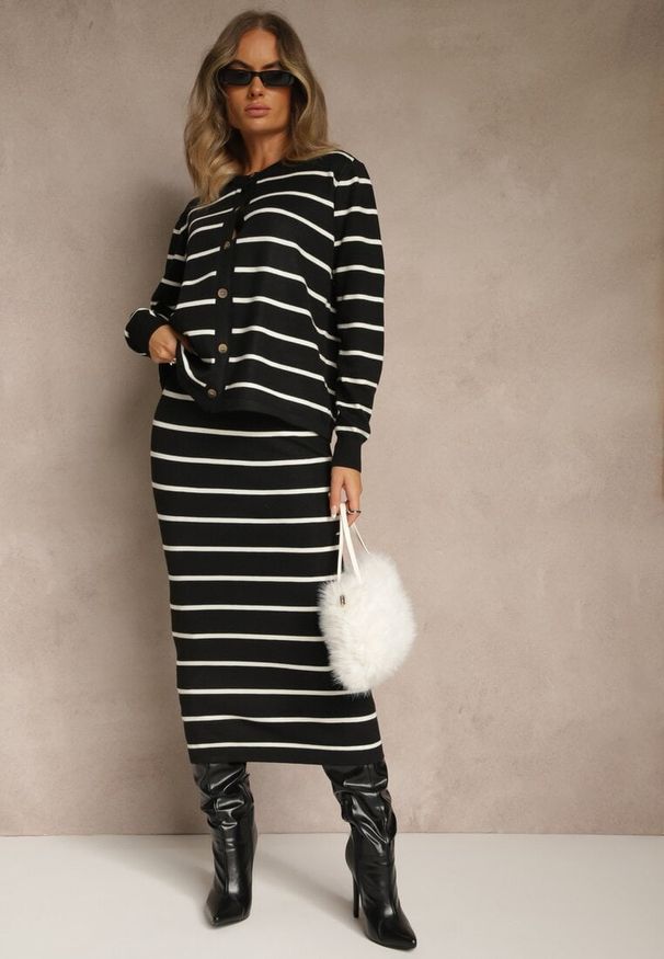 Renee - Czarny Komplet z Wiskozą Spódnica i Bluzka z Guzikami Ozdobione Paskami Forrive. Kolor: czarny. Materiał: wiskoza. Wzór: aplikacja