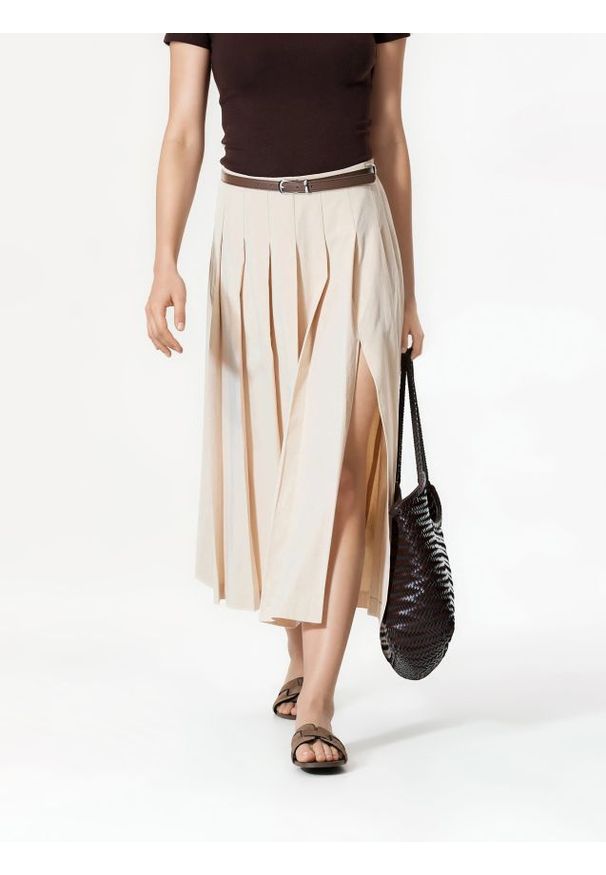 Reserved - Spódnica midi z paskiem - beżowy. Kolor: beżowy. Materiał: bawełna