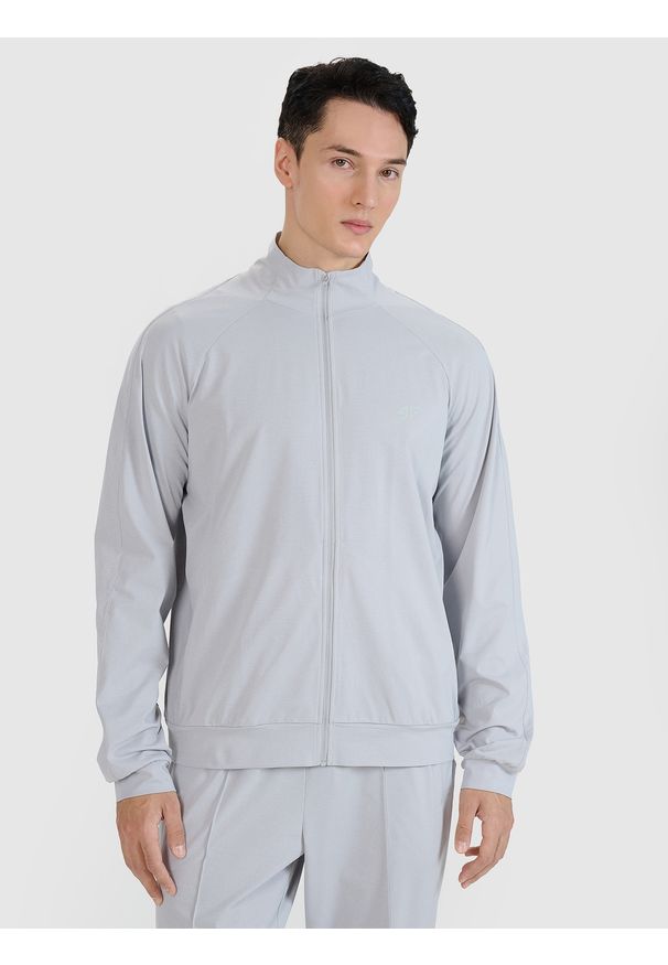 4f - 4F Bluza treningowa rozpinana bez kaptura męska - szara S. Typ kołnierza: bez kaptura. Kolor: szary. Materiał: syntetyk, włókno, dzianina, materiał. Długość rękawa: raglanowy rękaw. Wzór: ze splotem, gładki. Styl: sportowy. Sport: fitness