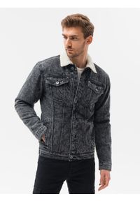 Ombre Clothing - Kurtka męska jeansowa typu sherpa - czarna V3 OM-JADJ-0125 - XXL. Kolor: czarny. Materiał: jeans. Styl: klasyczny