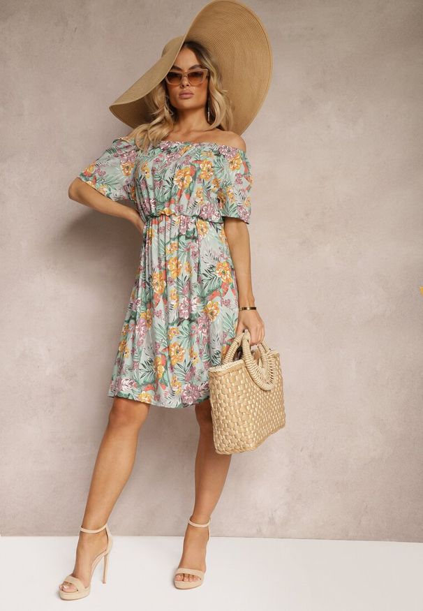 Renee - Niebiesko-Pomarańczowa Sukienka z Bawełny w Kwiatowy Print Dimizama. Okazja: na co dzień. Kolor: niebieski. Materiał: bawełna. Długość rękawa: krótki rękaw. Wzór: kwiaty, nadruk. Sezon: lato. Typ sukienki: proste. Styl: elegancki, casual